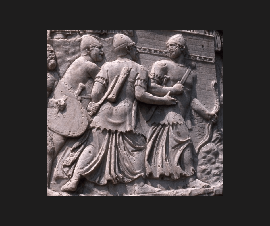 This image shows a section of Trajan's Column depicting Hamian Archers in their long tunics and conical helmets.