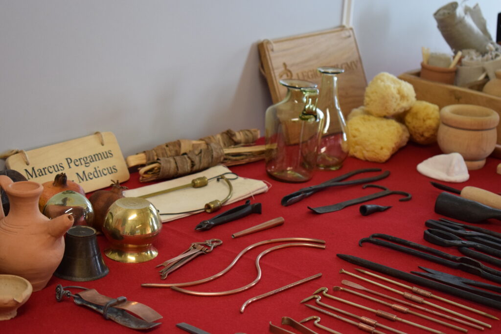 A selection of Roman medical tools like tweezers, spongers, and scalpels on a red table cloth.