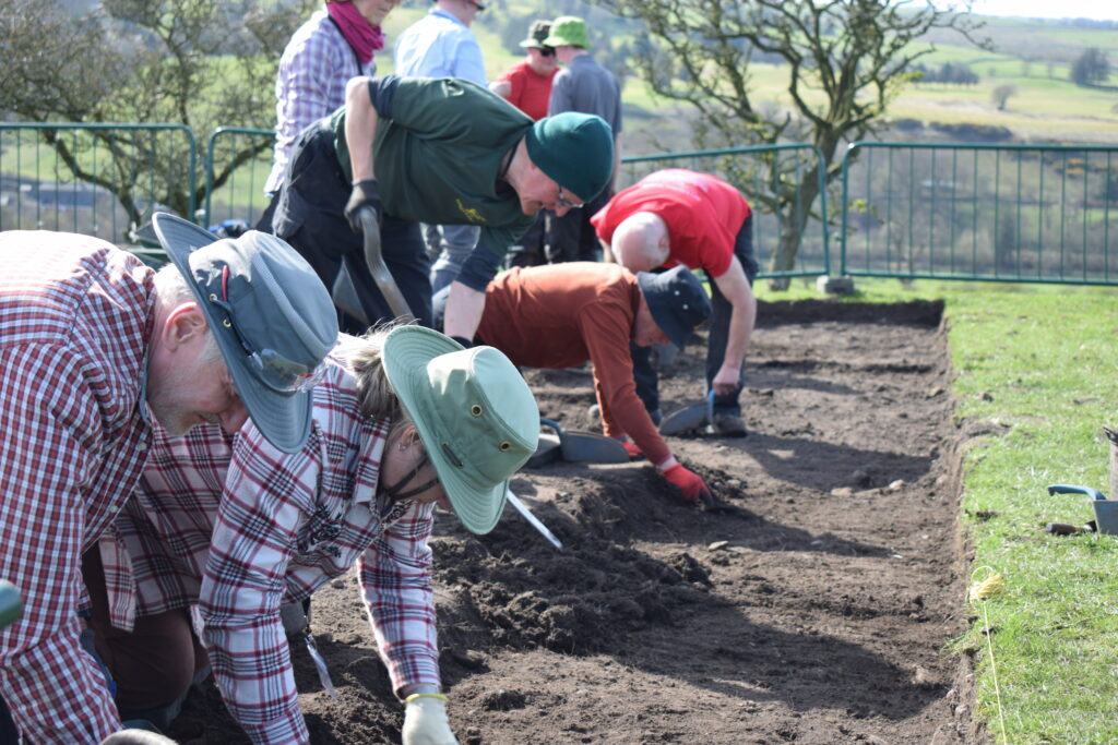 A group of people are excavating an archaeological trench in a row. Some are holding spades and some are holding trowels. There is a clean cut grass edge to the right of the image and the group are working on the left. In the background are the hills of Northumberland. 