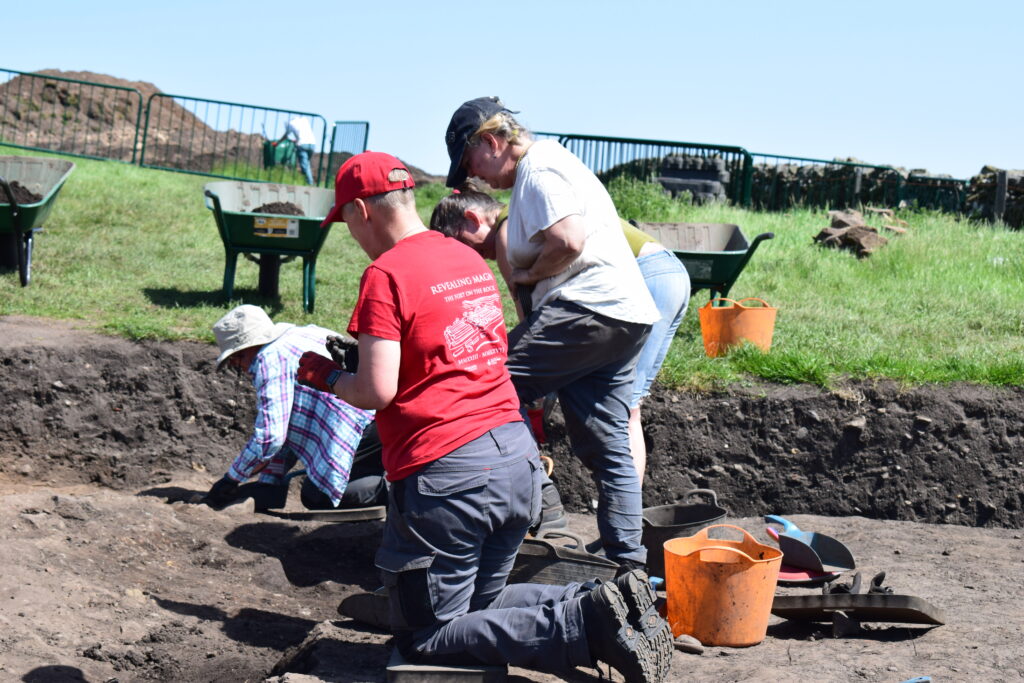 Volunteers in a red t-shirt and dark trousers excavating at an archaeological dig site, kneeling and crouching over dark soil with trowels and buckets, on a sunny day. Wheelbarrows are resting on the grass in the background.