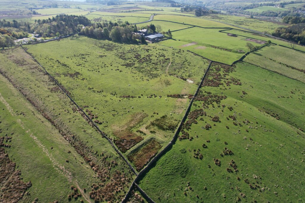 An aerial shot of a field with a clump of trees and a building in the background. There is lots of green, lush fields with a variety of vegetation.