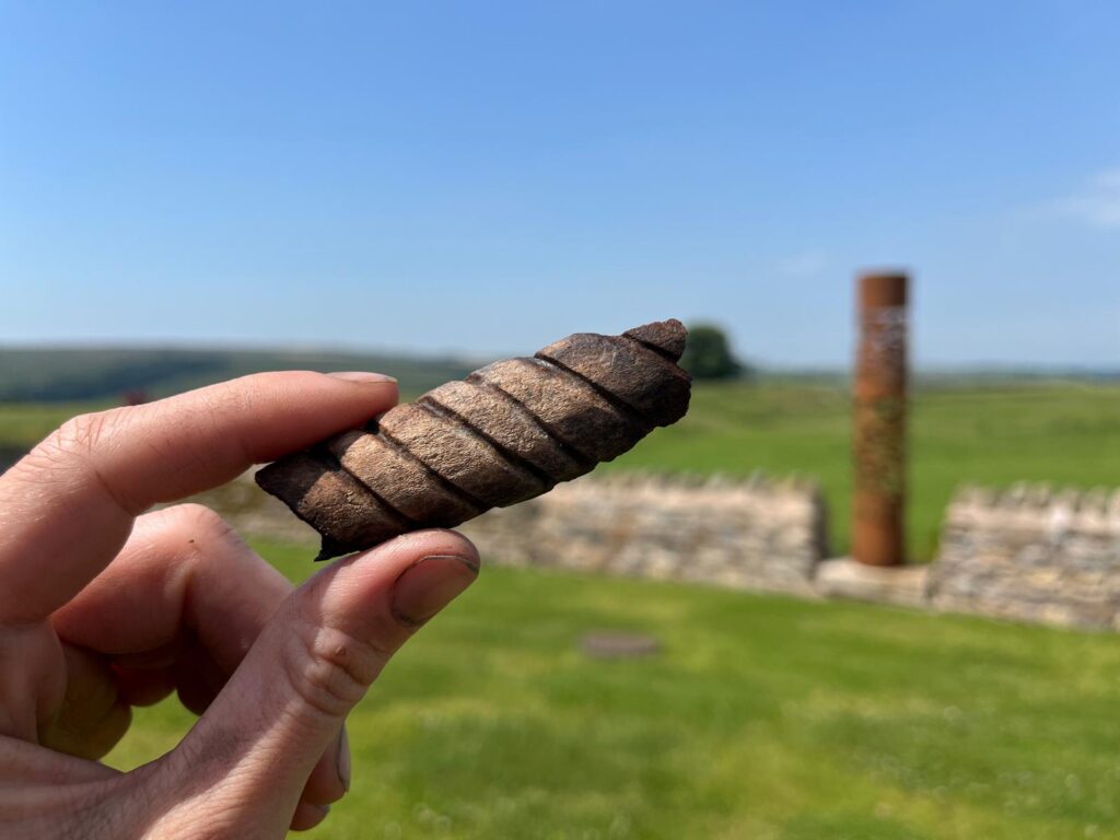 A close up of a piece of worked bone approx. the size of an index finger with diagonal grooves running across it. A hand is holding the bone piece and the background is blurred, showing grass, a low wall, and a metal beacon. 