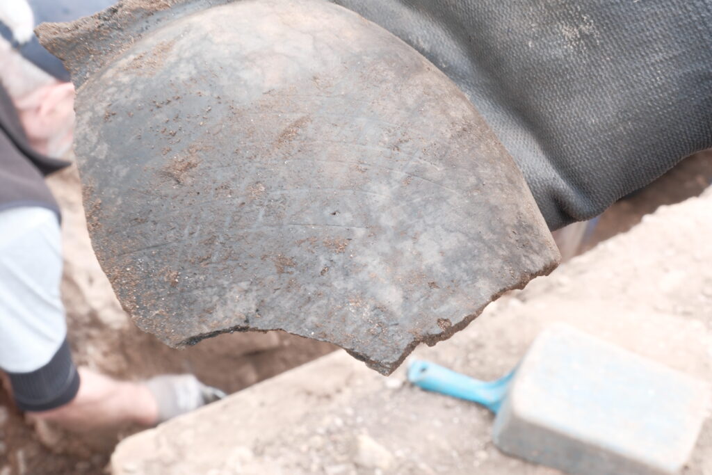 A large curved pottery sherd with a dark grey surface, freshly lifted from an excavation trench, with a trowel visible below.
