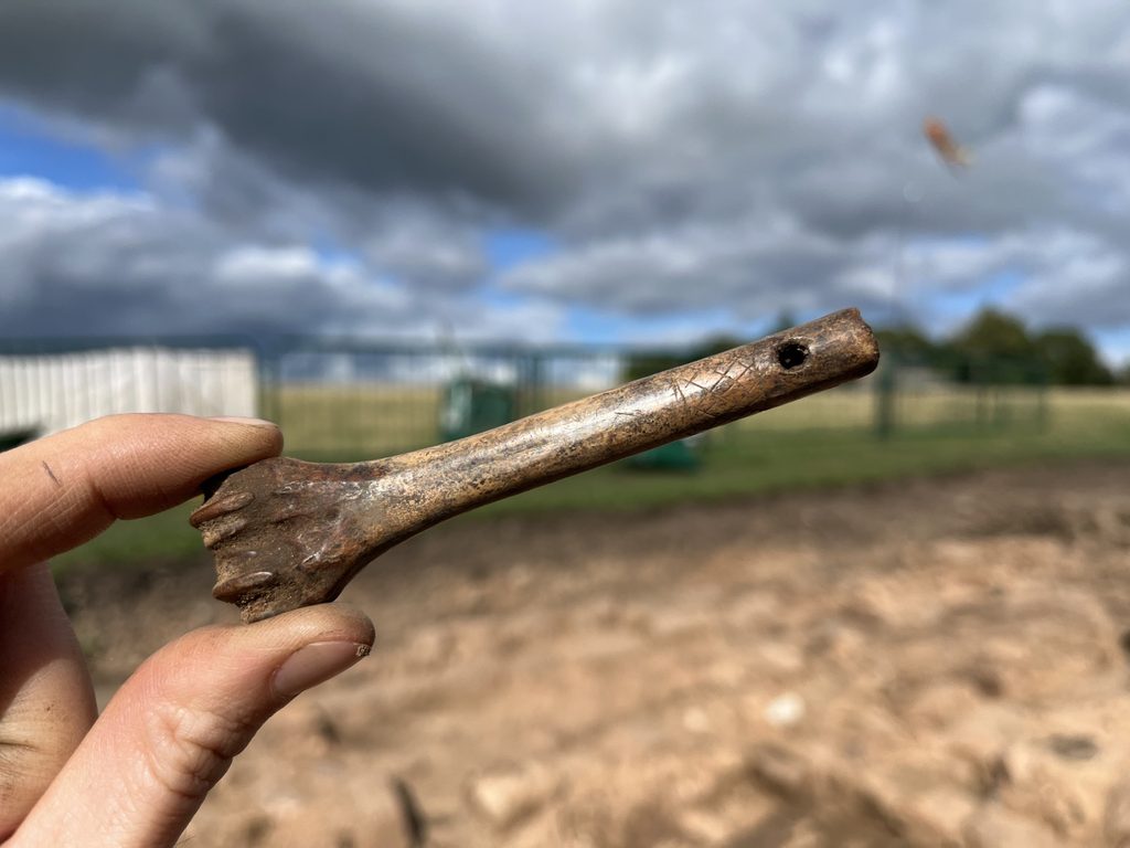 A hand holds a Roman bone implement, likely a needle or pin, with decorative incised marks along its shaft, above the excavation site.